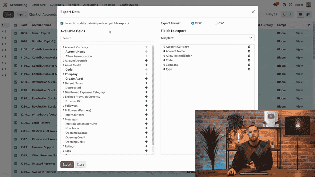 Export dialog with I want to update data checkbox enabled
