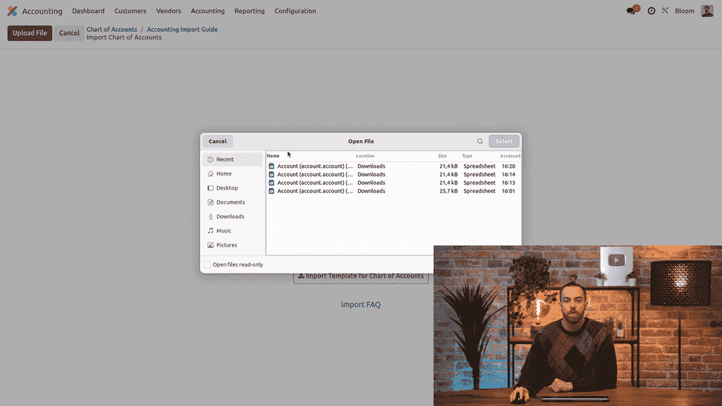 Upload file dialog for importing the spreadsheet