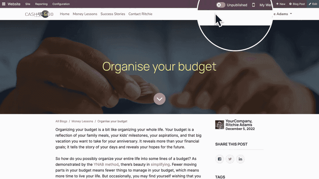 Publishing the blog post with the publish button