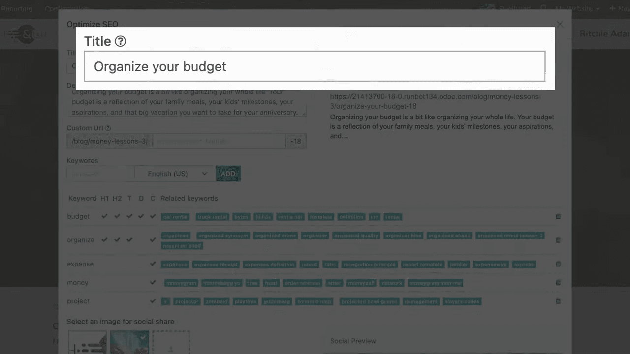 SEO optimization panel with title, description, keywords, and image preview