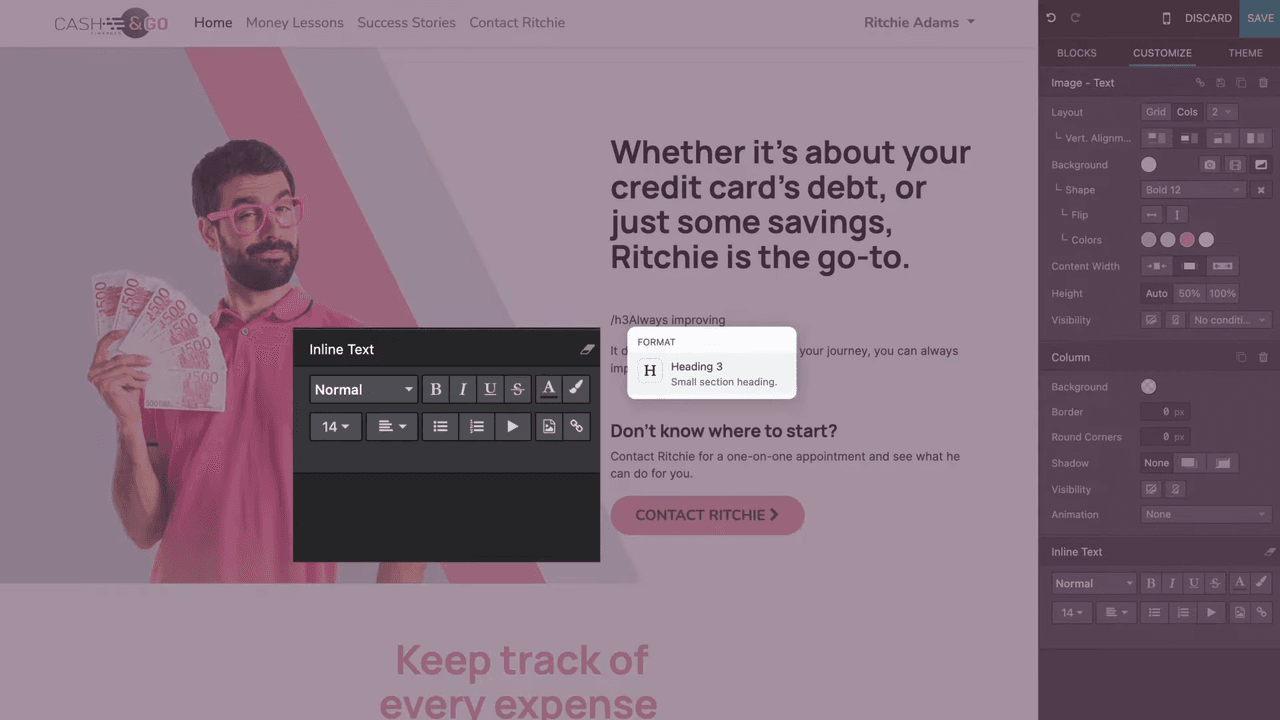 Text-image block with customization panel showing font options