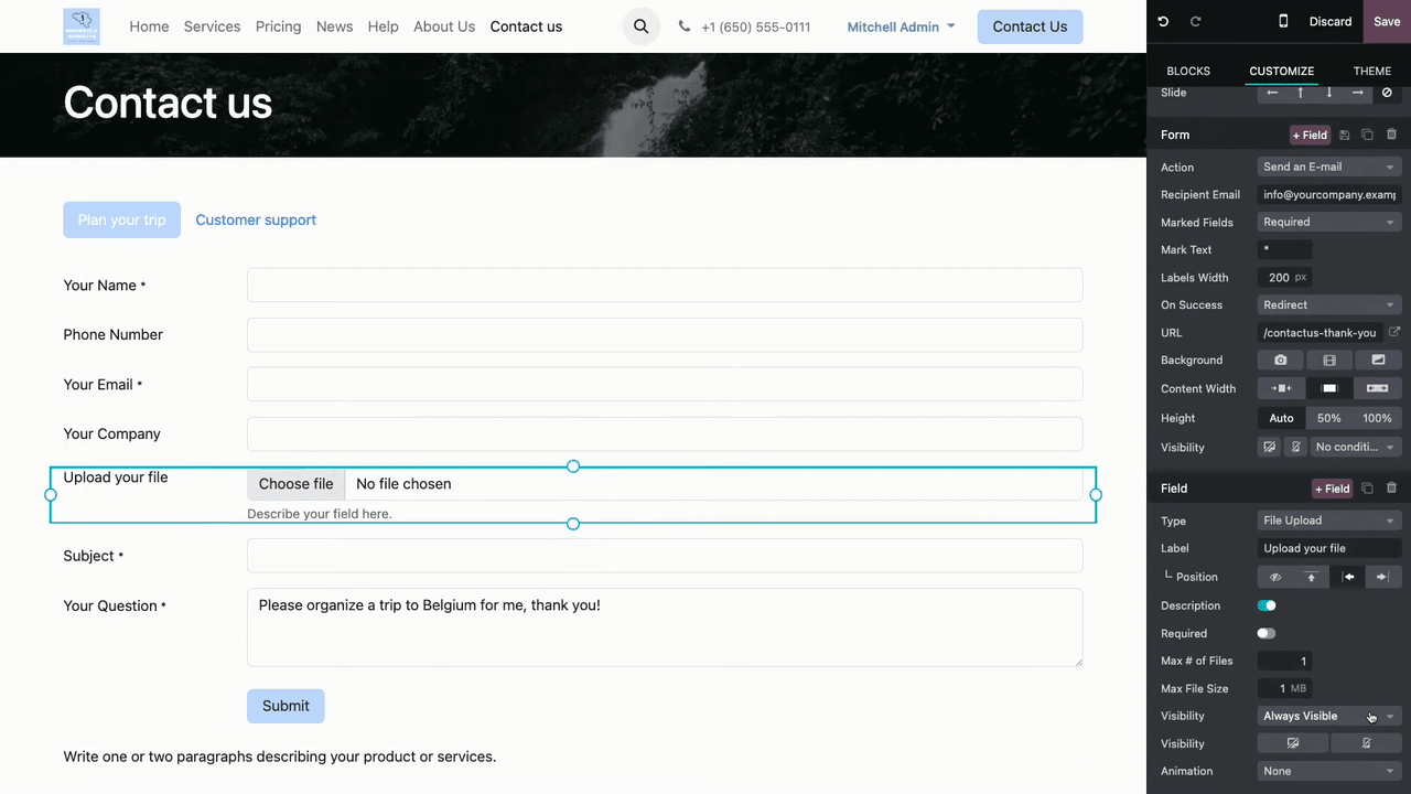 Conditional visibility settings for a file upload field