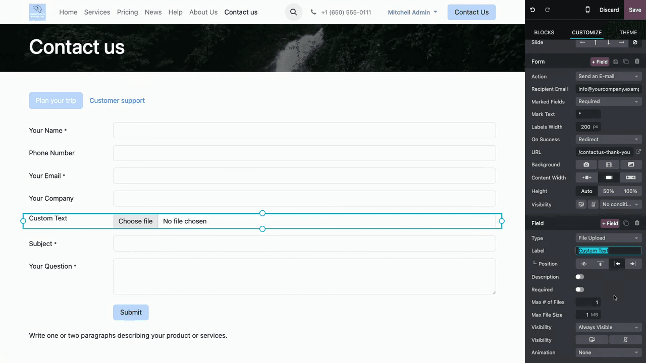 Field settings panel showing label, description, required toggle, and default value