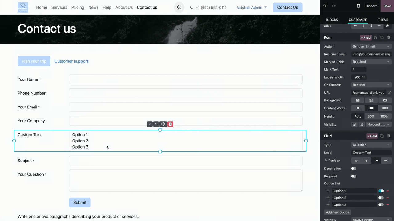 Field type options showing selection, list, checkboxes, and file upload