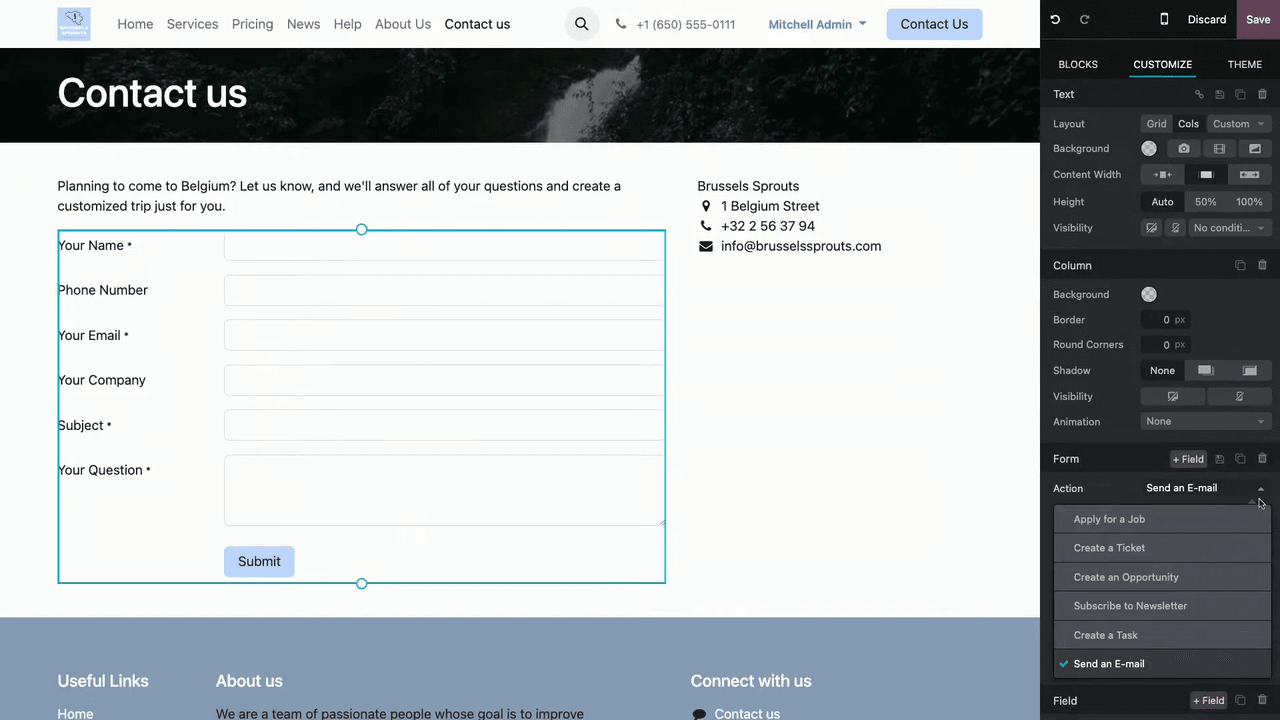 Odoo form action selection dropdown showing available actions