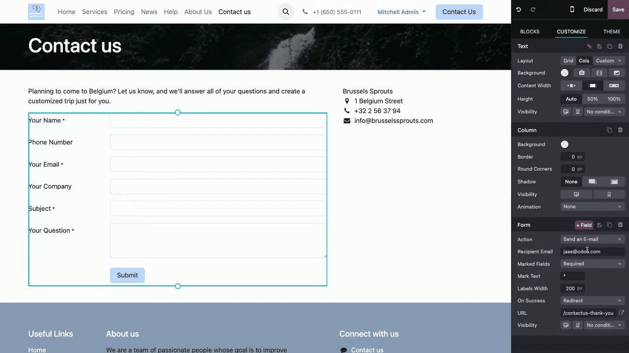 Setting the recipient email address for the form