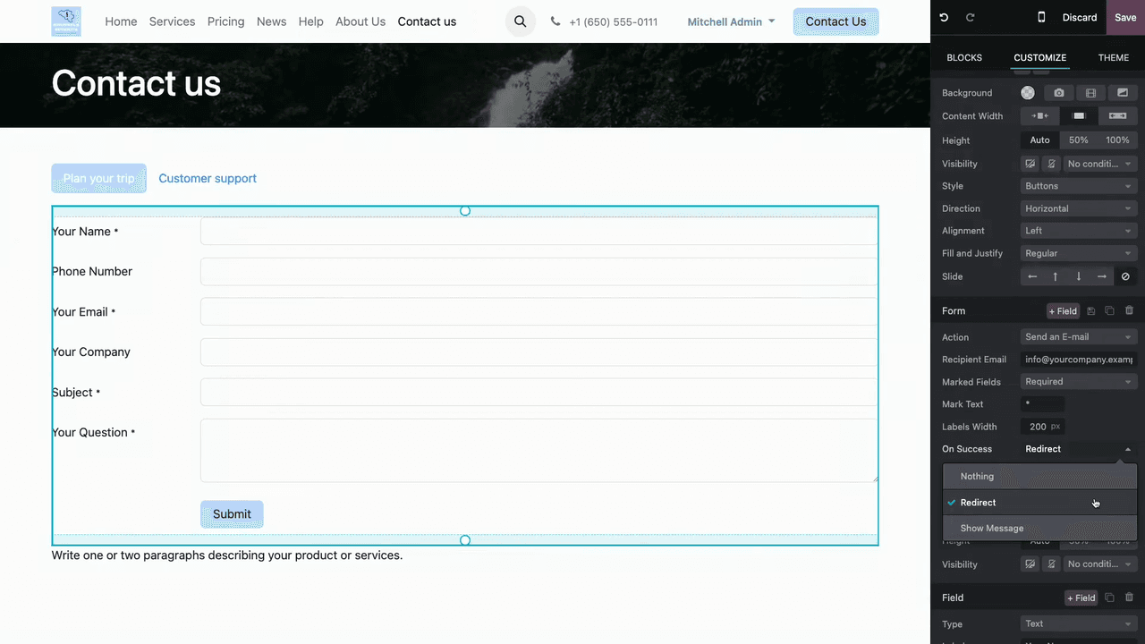 Post-submission action options: redirect, show message, nothing