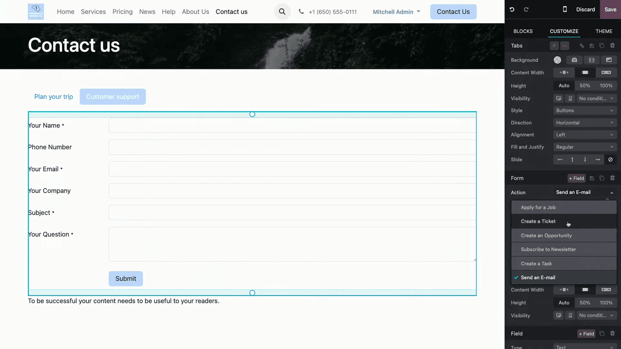 Form inside a tab with Create a Ticket action selected