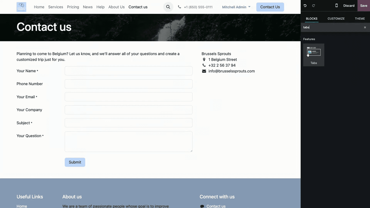 Searching for the Tabs building block in the editor