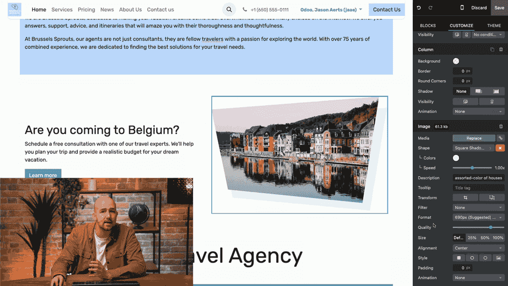Image styling options showing padding, style, roundness and shape controls