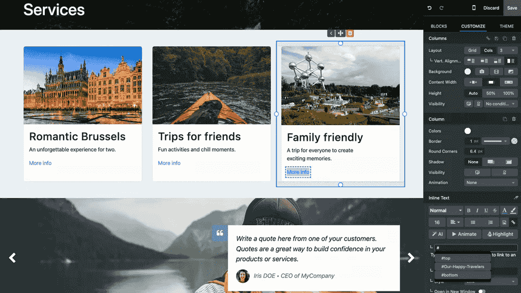 Anchor link selection showing available anchors with hashtag