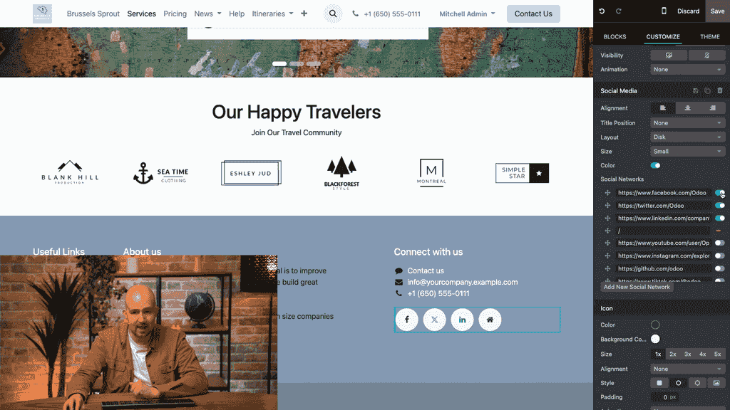 Social media icon customization in the footer