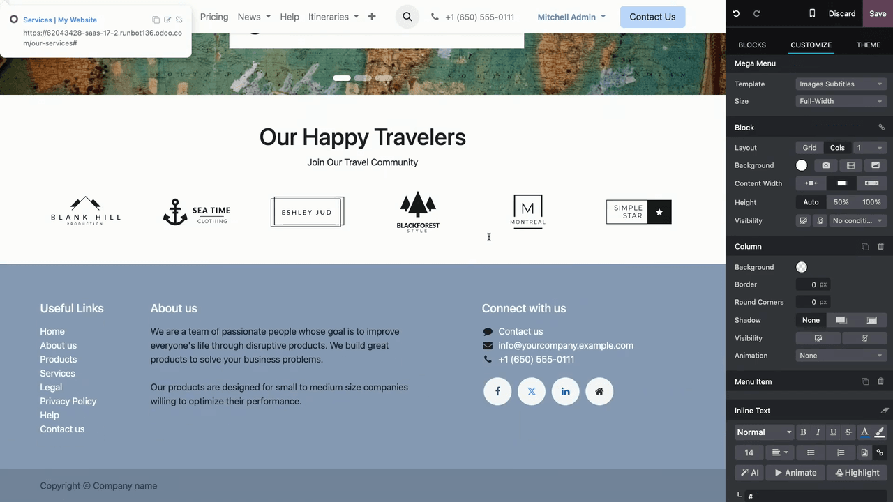 Footer section with template options and social media icons