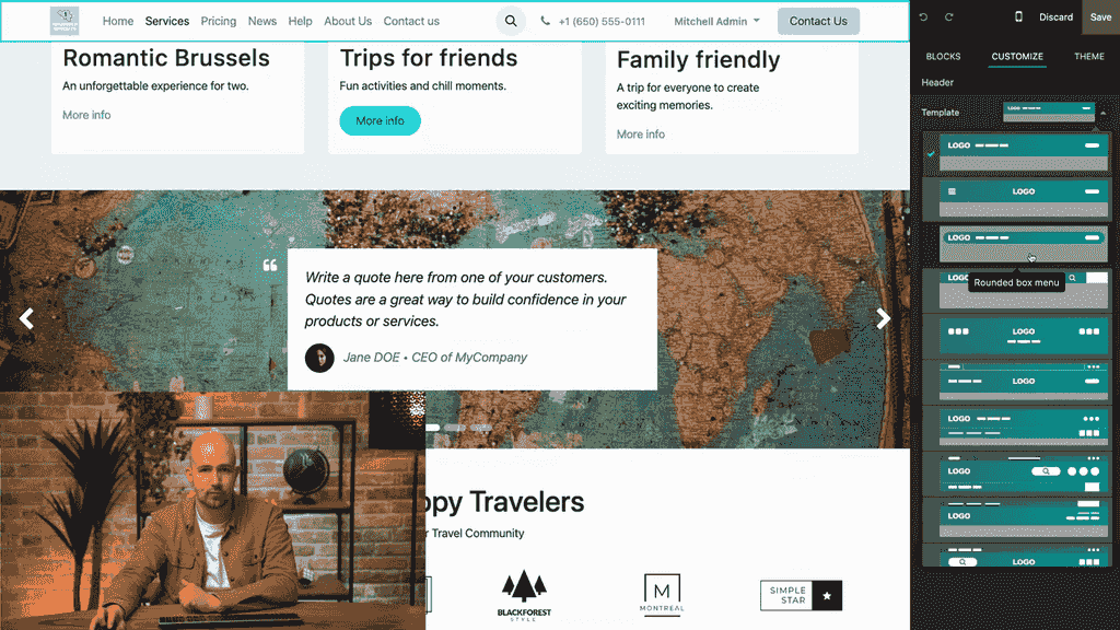 Header menu template selection in edit mode
