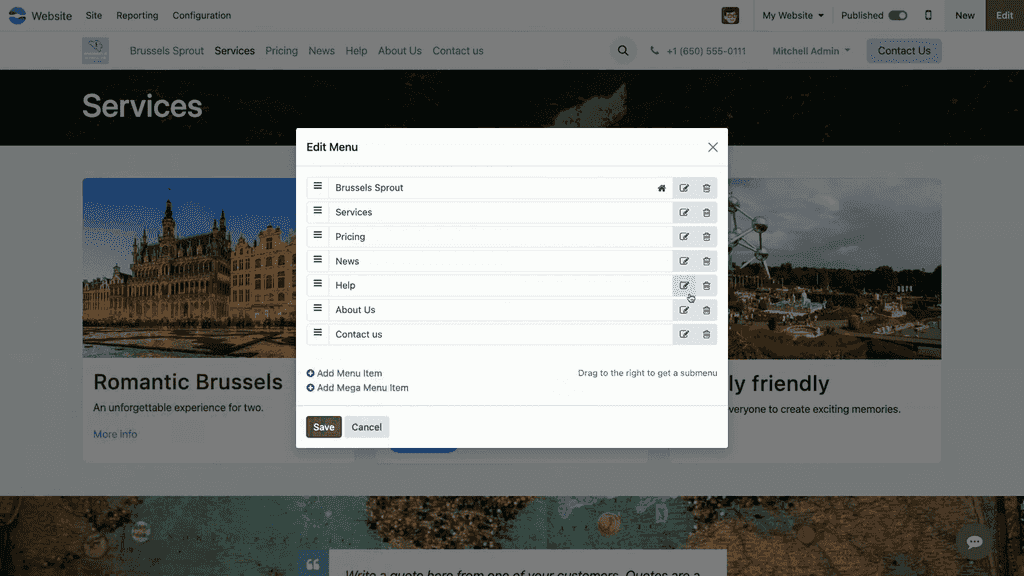 Menu Editor showing all menu items in list view