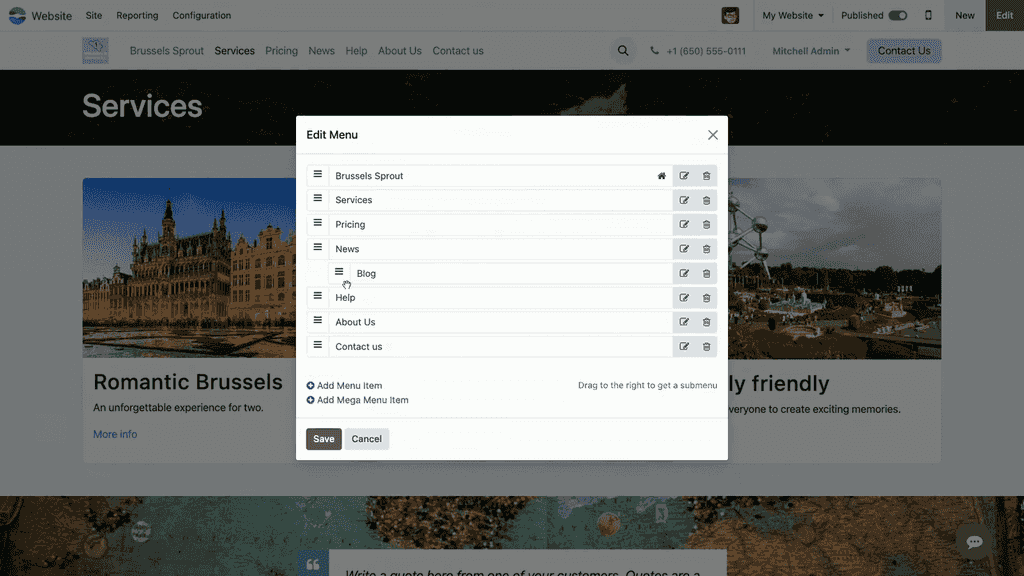 Submenu creation by shifting item to the right under parent
