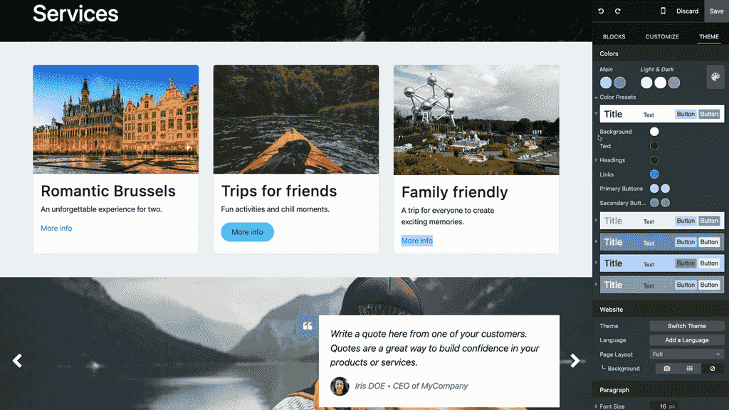Theme tab Color Presets for primary and secondary button configuration