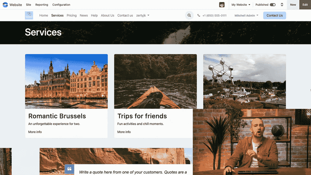 Odoo Website homepage with navigation elements