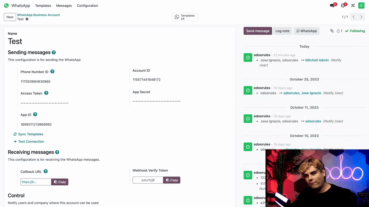 WhatsApp configuration panel showing the five required fields under Sending Messages