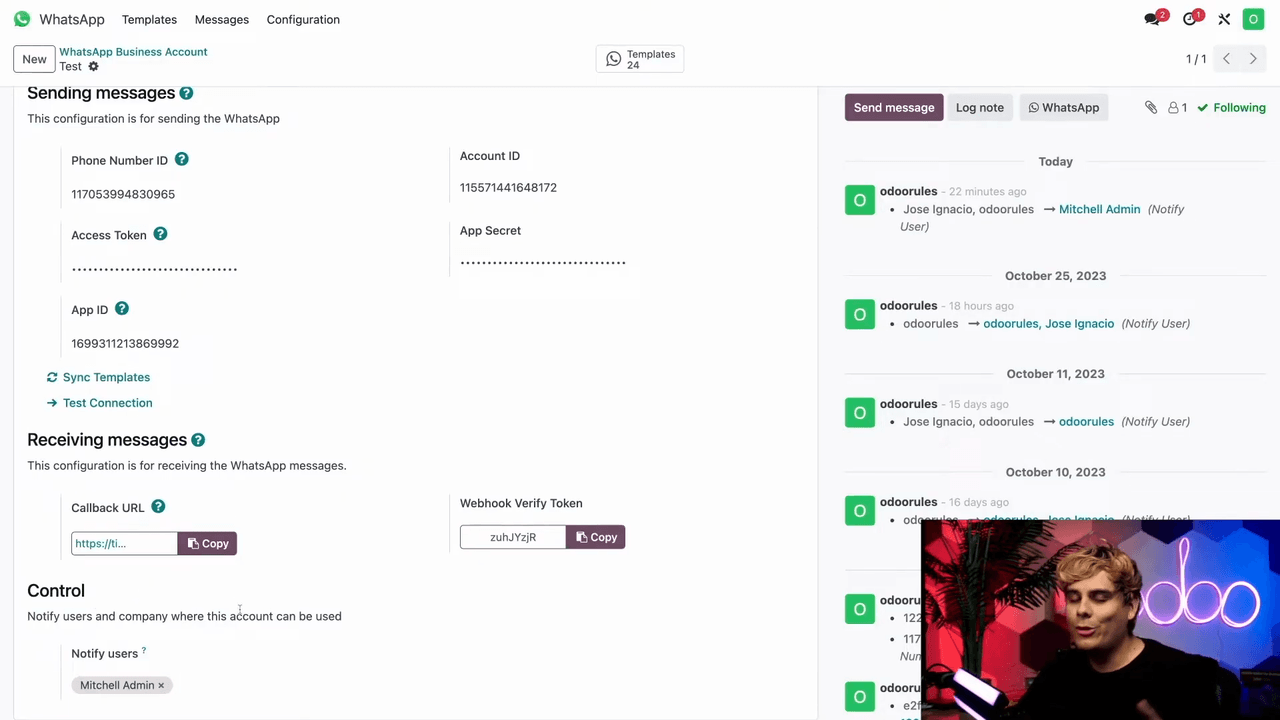 Control section showing notification user settings