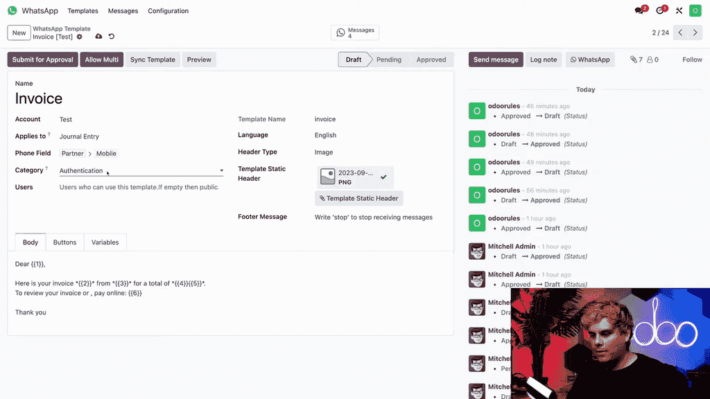 Category dropdown showing Marketing, Authentication, and Utility options