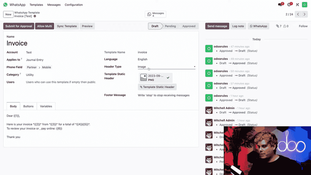 Header type options and footer text field on template form