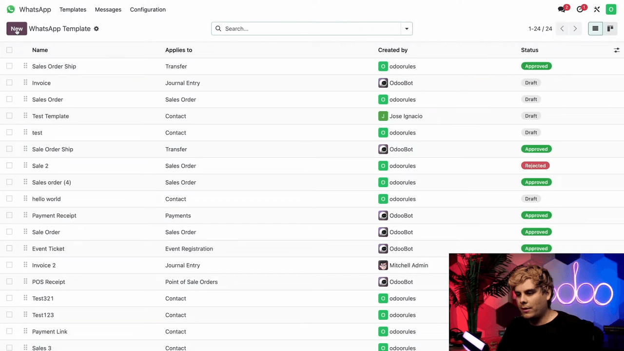 Templates menu with list of existing WhatsApp templates