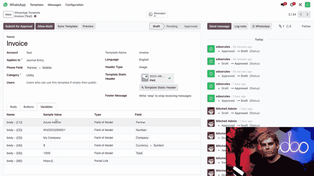 Variables tab with placeholder names, types, and field references