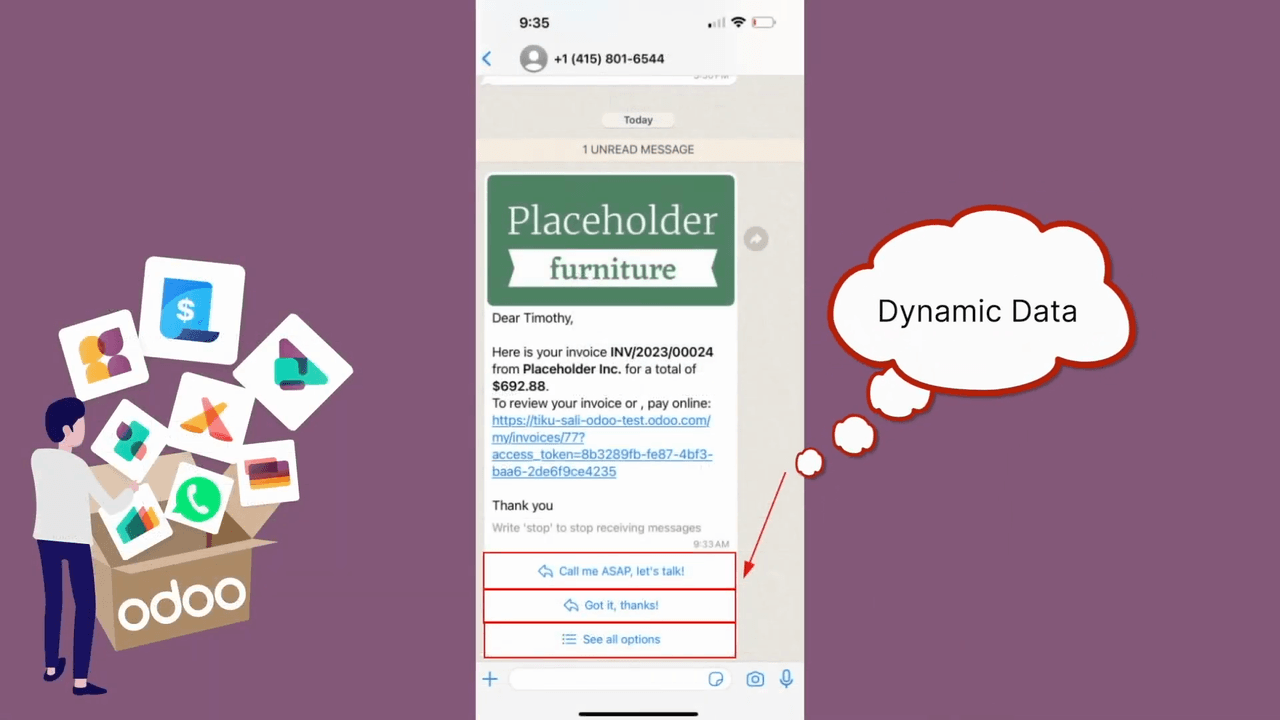 WhatsApp message preview showing quick reply buttons below the message
