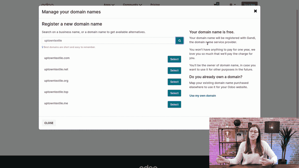 Search results showing available .com and .net extensions