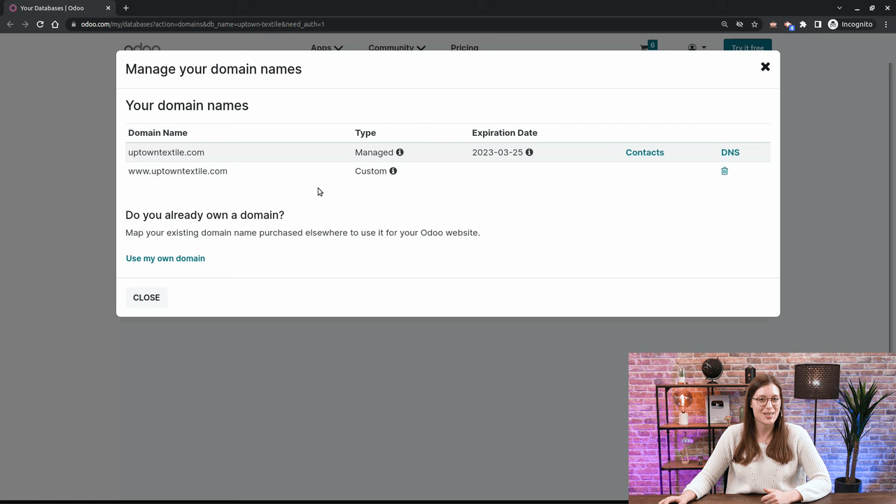 Portal showing uptowntextile.com in the domain names list