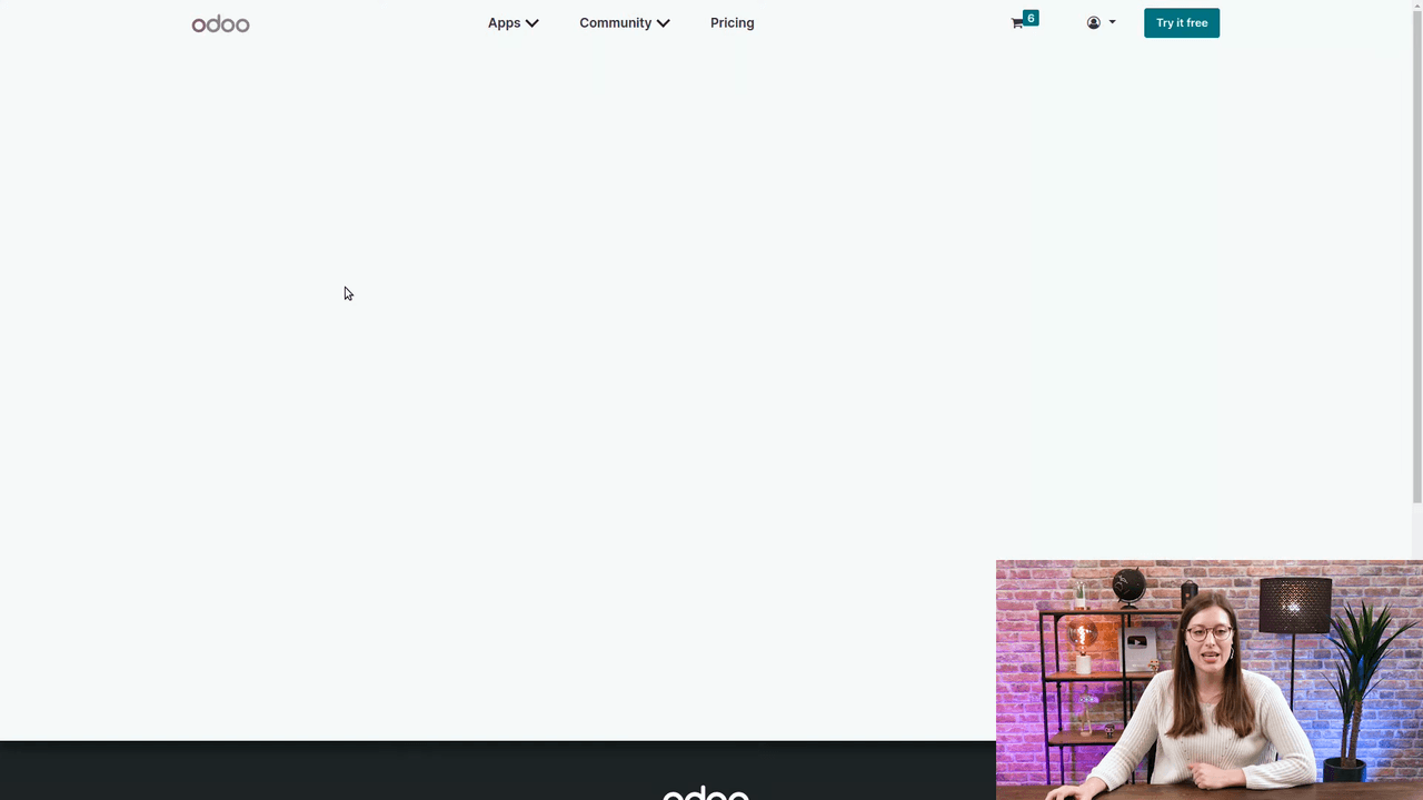 Odoo website editor showing Promote menu with Domain Name option