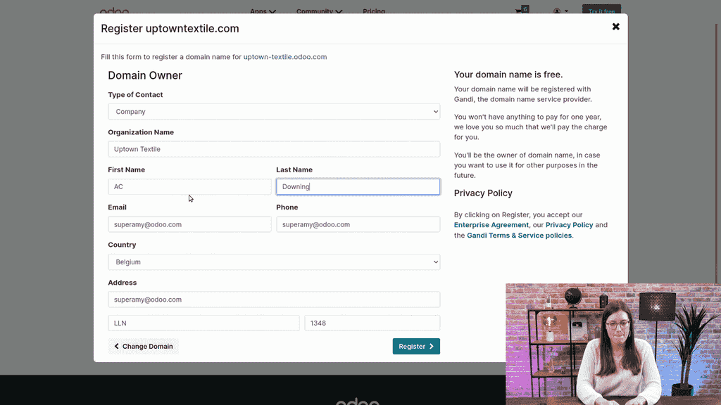 Domain registration form with company and contact fields